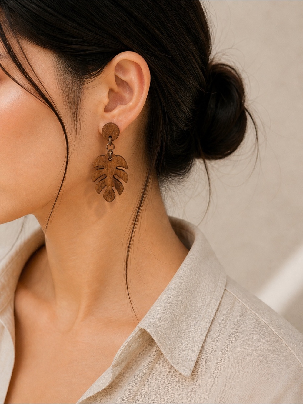 Hand Crafted Brown Monstera Leaf Earrings